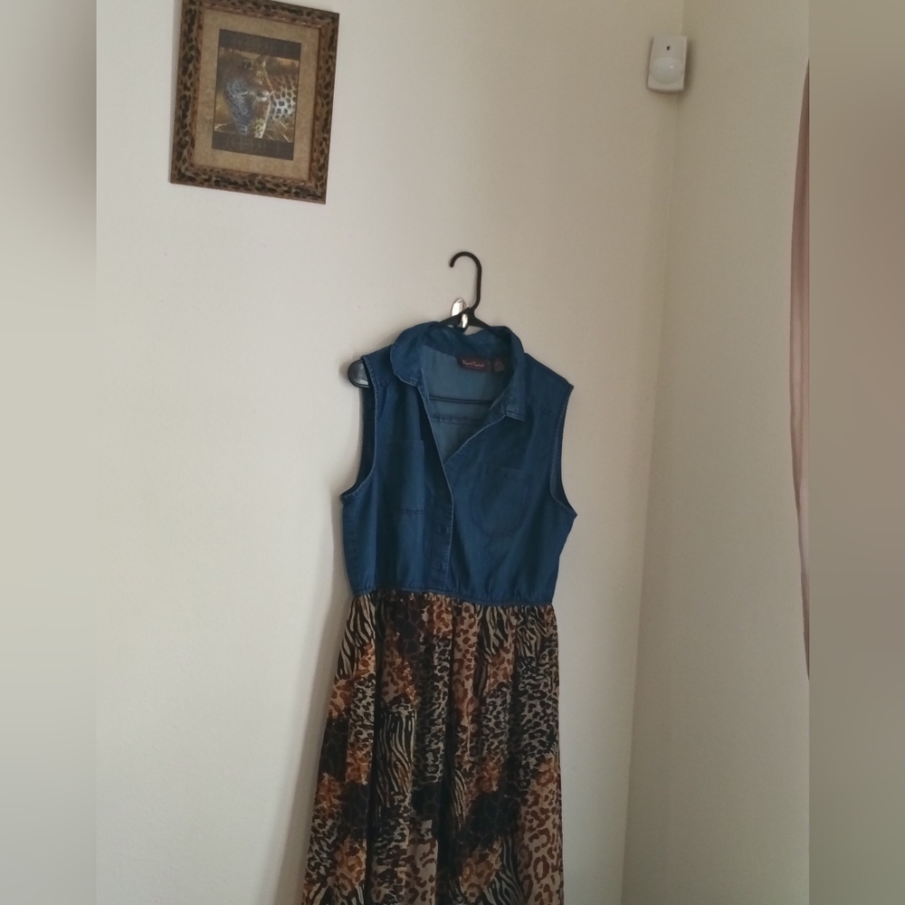 Speed Control Dress Women 2X Blue & Brown Maxi Church Casual Academia Artsy Fall